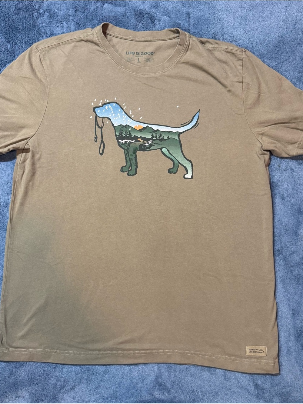 Life Is Good Tan Short Sleeve Tee with Blue & Green Dog Landscape Graphic